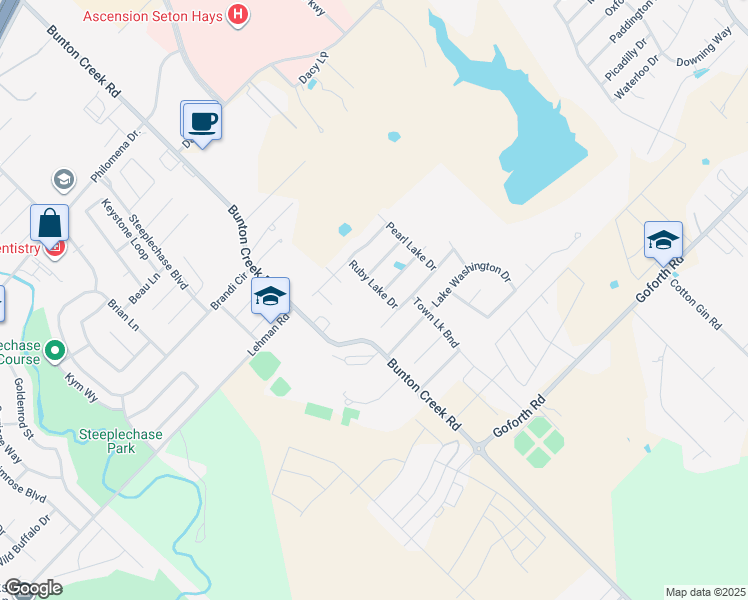 map of restaurants, bars, coffee shops, grocery stores, and more near 108 Mood Lake Drive in Kyle