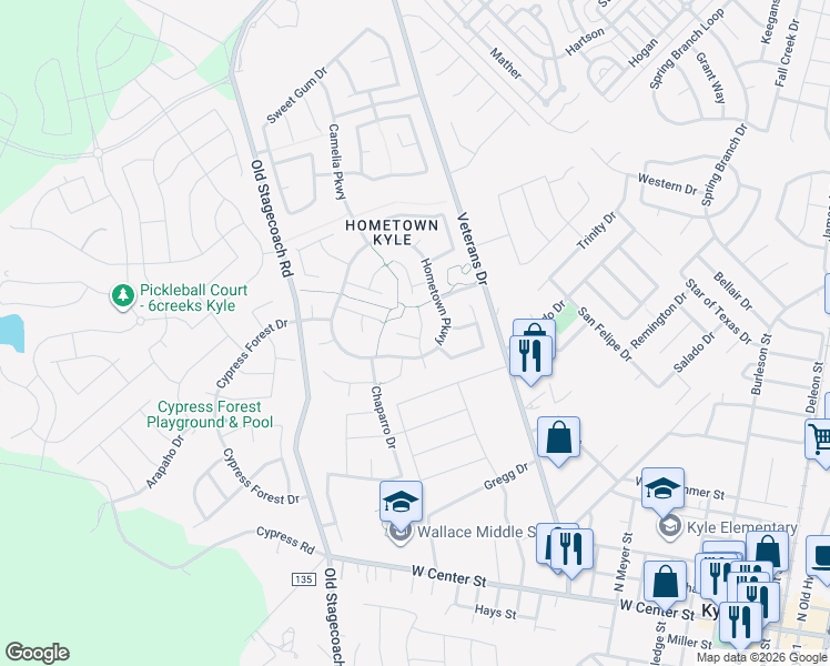 map of restaurants, bars, coffee shops, grocery stores, and more near 148 Raintree Drive in Kyle