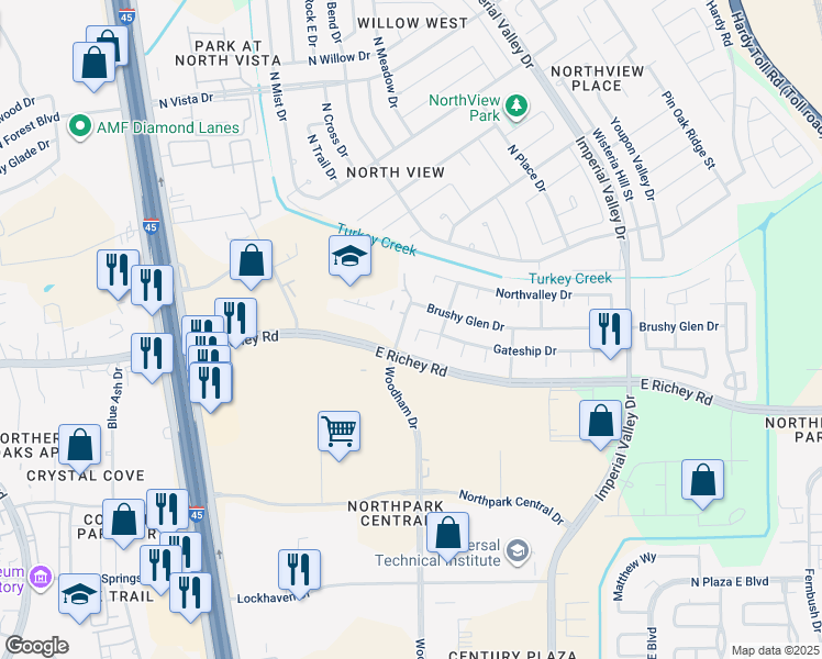 map of restaurants, bars, coffee shops, grocery stores, and more near 20923 Edgebaston Court in Houston