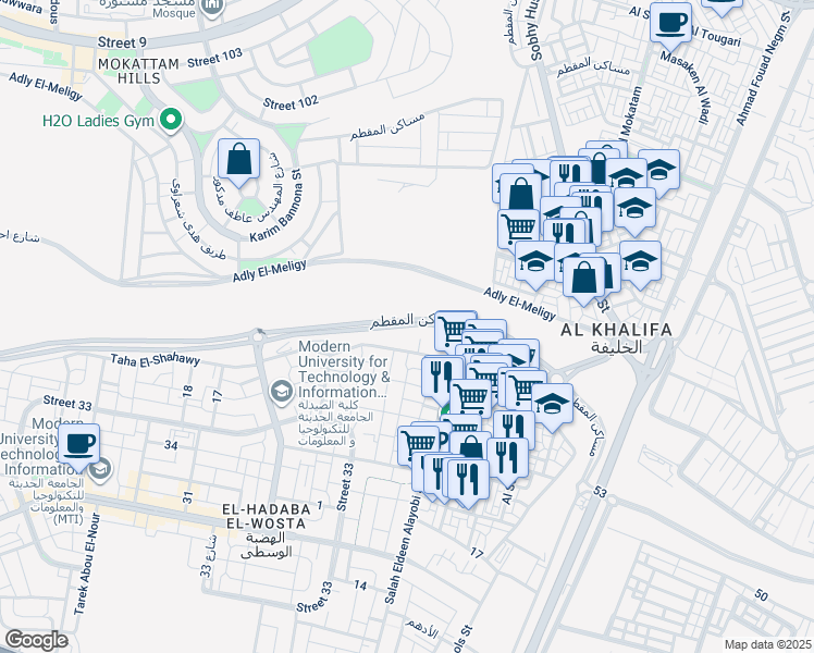 map of restaurants, bars, coffee shops, grocery stores, and more near Masaken Al Mokatam in Qism El-Khalifa
