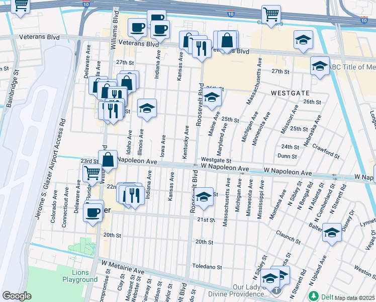 map of restaurants, bars, coffee shops, grocery stores, and more near 2310 Kentucky Avenue in Kenner