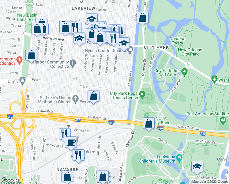 map of restaurants, bars, coffee shops, grocery stores, and more near 5971 Argonne Boulevard in New Orleans