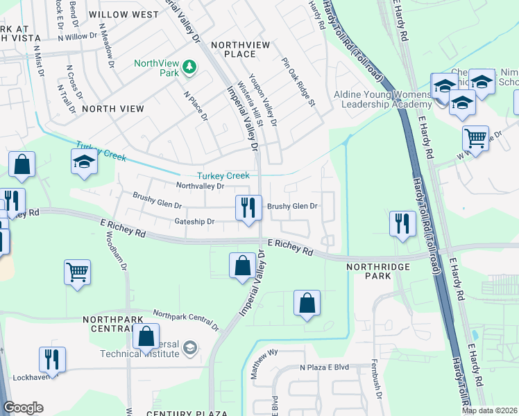 map of restaurants, bars, coffee shops, grocery stores, and more near Imperial Valley Drive in Houston