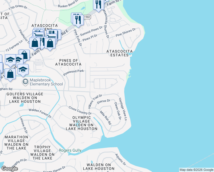 map of restaurants, bars, coffee shops, grocery stores, and more near 19306 Dockside Hill Lane in Humble