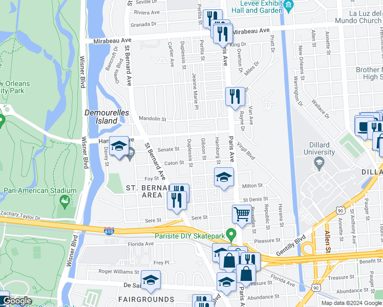 map of restaurants, bars, coffee shops, grocery stores, and more near 4035 Duplessis Street in New Orleans
