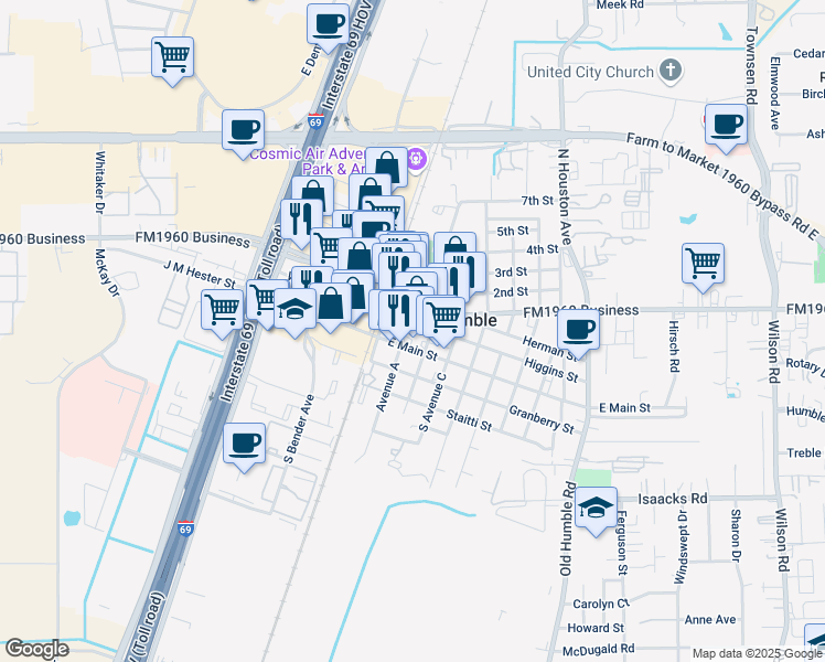 map of restaurants, bars, coffee shops, grocery stores, and more near 119 East Main Street in Humble