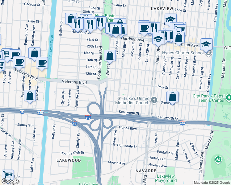 map of restaurants, bars, coffee shops, grocery stores, and more near 5879 Catina Street in New Orleans