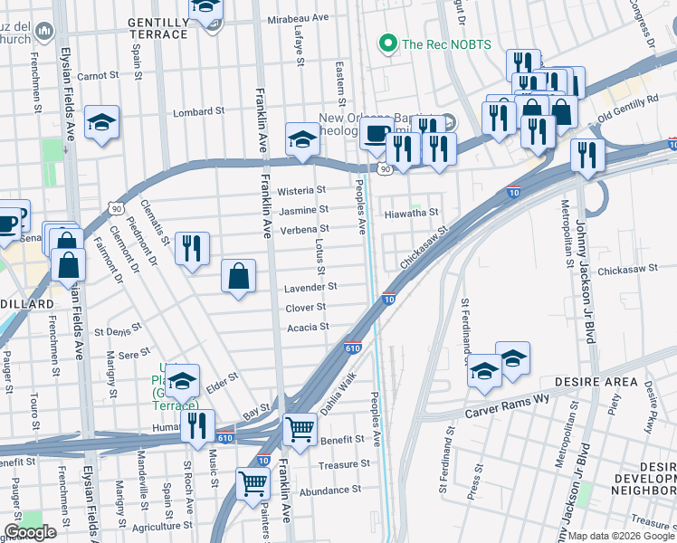map of restaurants, bars, coffee shops, grocery stores, and more near 2748 Jonquil Street in New Orleans