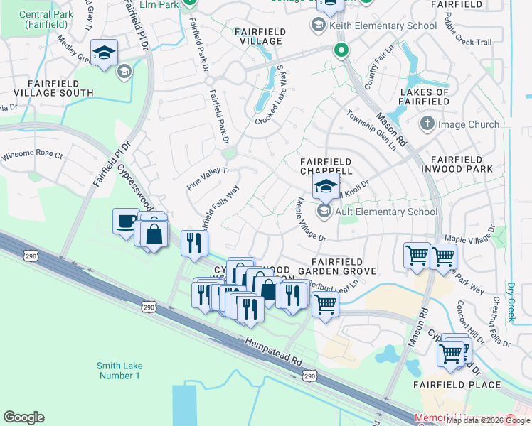 map of restaurants, bars, coffee shops, grocery stores, and more near 15418 Juniper Cove Court in Cypress