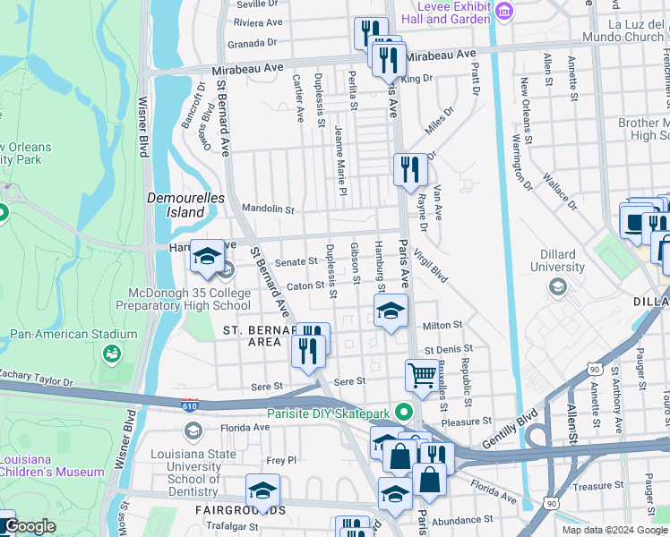 map of restaurants, bars, coffee shops, grocery stores, and more near 4037 Duplessis Street in New Orleans