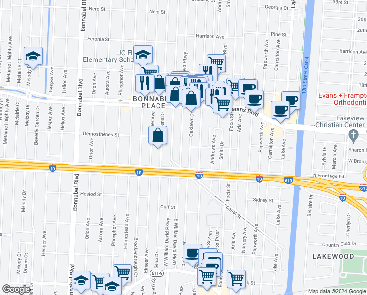 map of restaurants, bars, coffee shops, grocery stores, and more near 421 East William David Parkway in Metairie