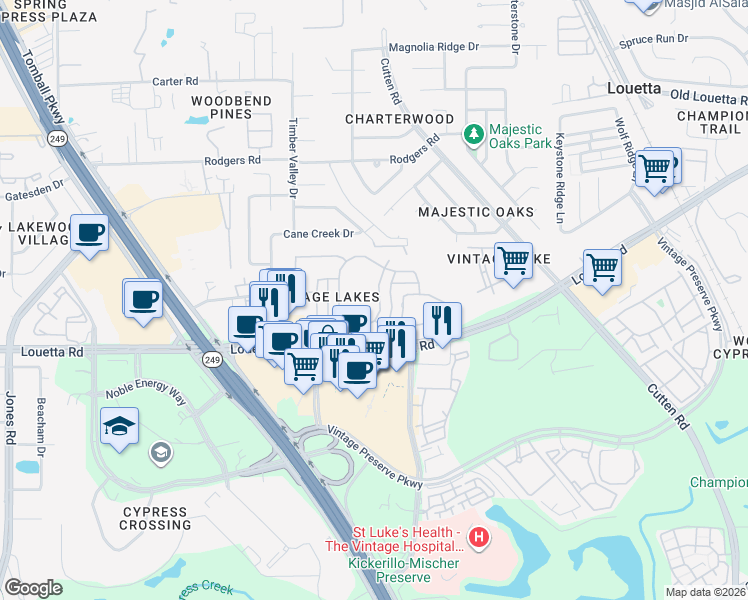 map of restaurants, bars, coffee shops, grocery stores, and more near 9602 Martha Springs Drive in Houston