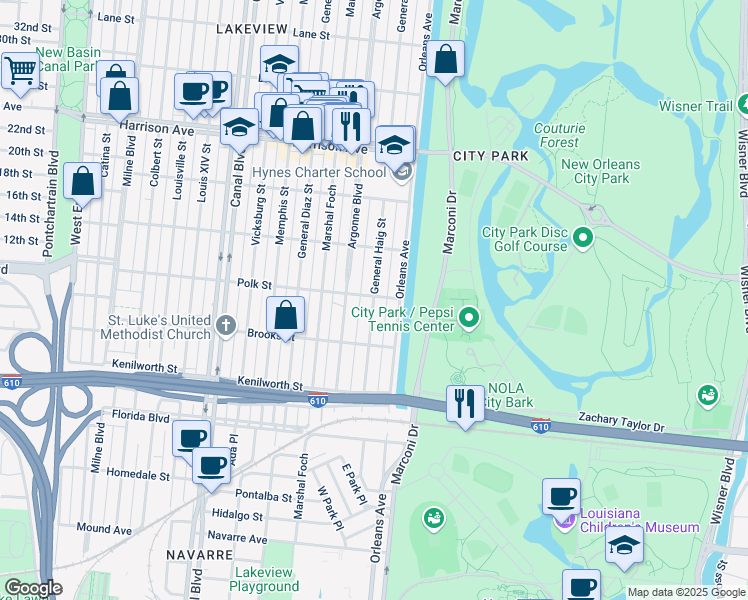 map of restaurants, bars, coffee shops, grocery stores, and more near 5977 General Haig Street in New Orleans