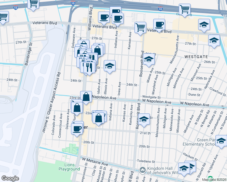 map of restaurants, bars, coffee shops, grocery stores, and more near 2320 Indiana Avenue in Kenner