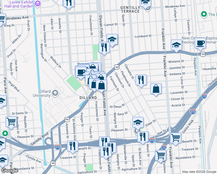 map of restaurants, bars, coffee shops, grocery stores, and more near 3925 Elysian Fields Avenue in New Orleans