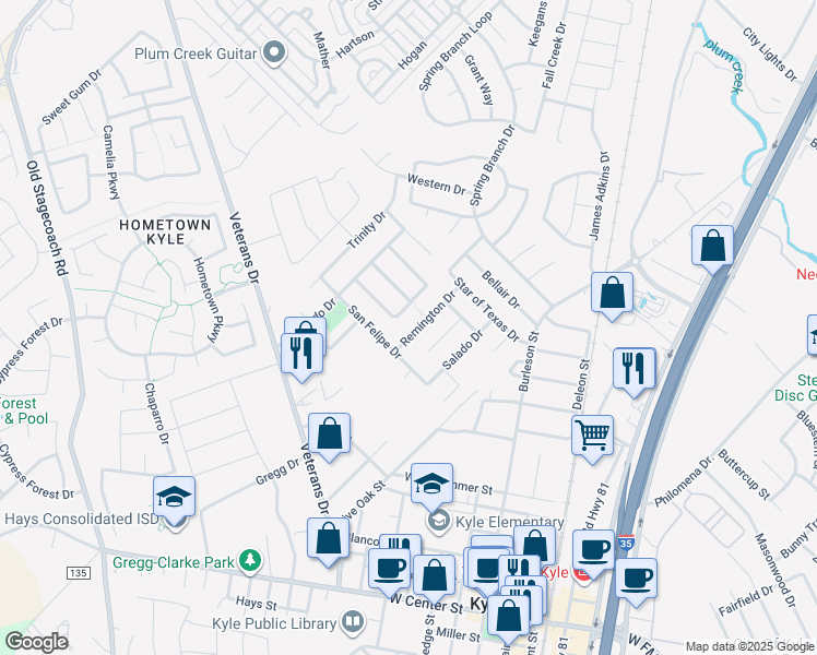 map of restaurants, bars, coffee shops, grocery stores, and more near 109 Remington Drive in Kyle