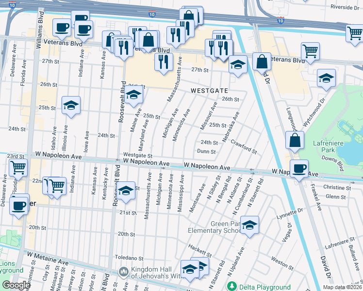 map of restaurants, bars, coffee shops, grocery stores, and more near 2340 Mississippi Avenue in Metairie