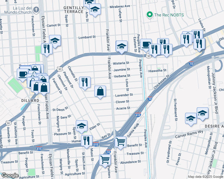 map of restaurants, bars, coffee shops, grocery stores, and more near Franklin Avenue & Jonquil Street in New Orleans