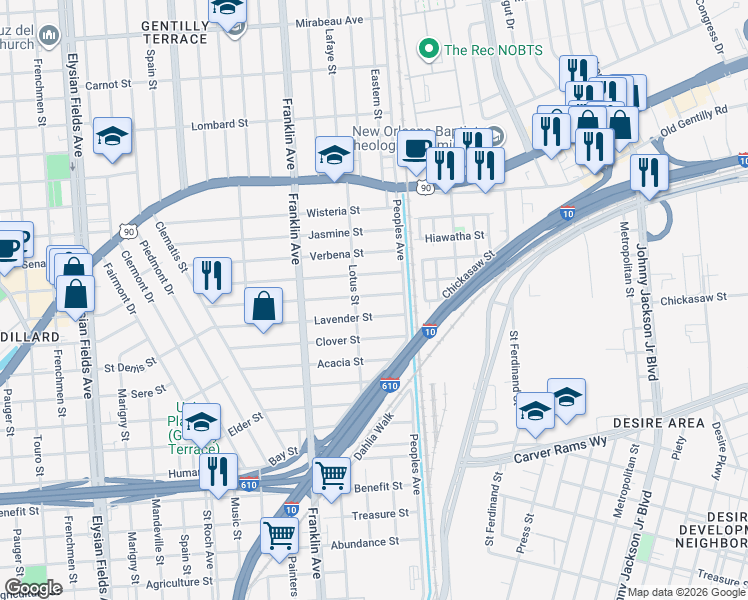 map of restaurants, bars, coffee shops, grocery stores, and more near 2748 Jonquil Street in New Orleans