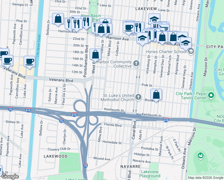 map of restaurants, bars, coffee shops, grocery stores, and more near 5934 Colbert Street in New Orleans