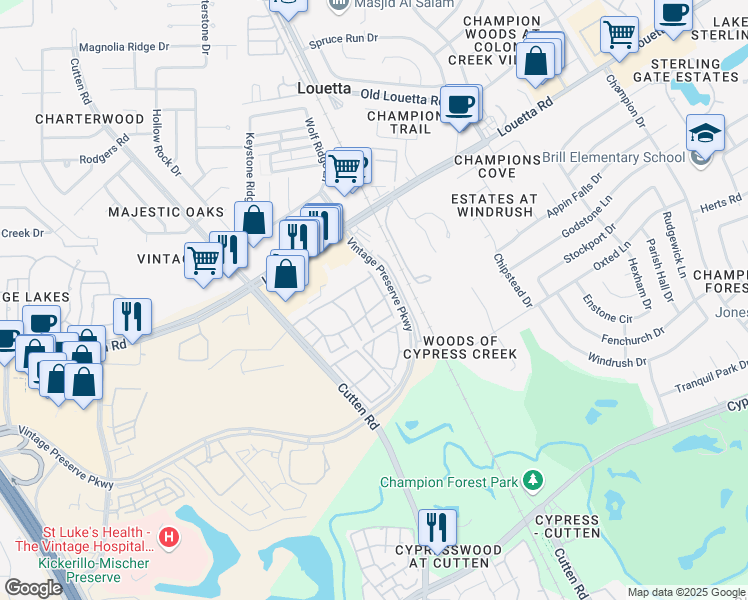 map of restaurants, bars, coffee shops, grocery stores, and more near 15500 Cutten Rd in Houston