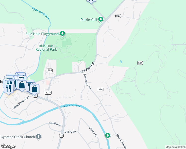 map of restaurants, bars, coffee shops, grocery stores, and more near 600 Farm to Market Road 3237 in Wimberley