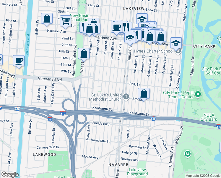 map of restaurants, bars, coffee shops, grocery stores, and more near 5943 Louisville Street in New Orleans