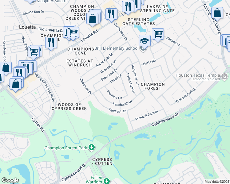 map of restaurants, bars, coffee shops, grocery stores, and more near 9523 Arcade Drive in Spring