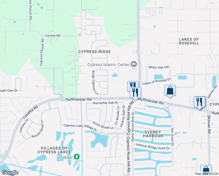 map of restaurants, bars, coffee shops, grocery stores, and more near 15802 Randall Ridge Lane in Cypress