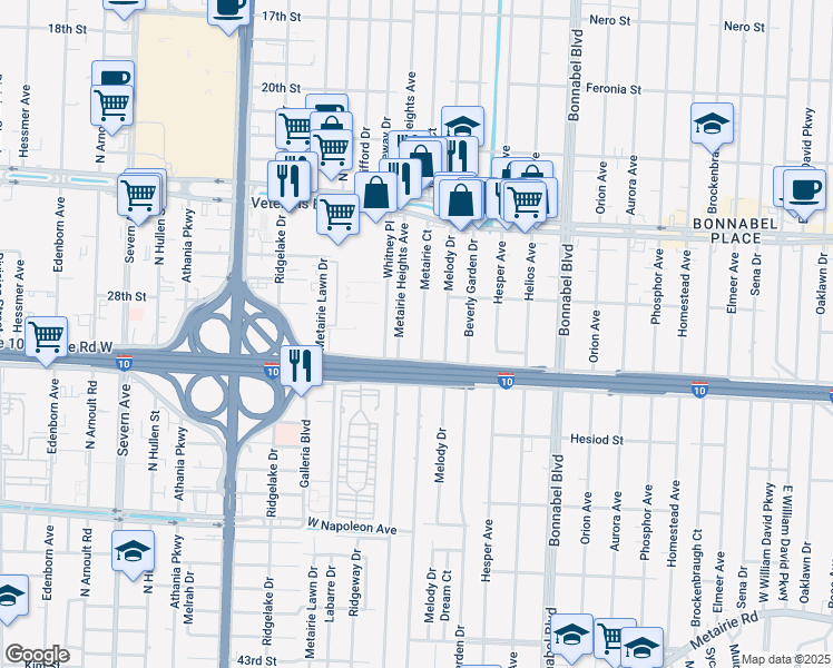 map of restaurants, bars, coffee shops, grocery stores, and more near 2604 Metairie Court in Metairie