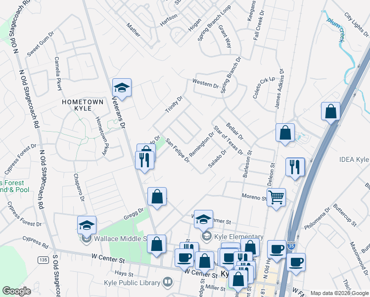 map of restaurants, bars, coffee shops, grocery stores, and more near 120 Brazos Lane in Kyle