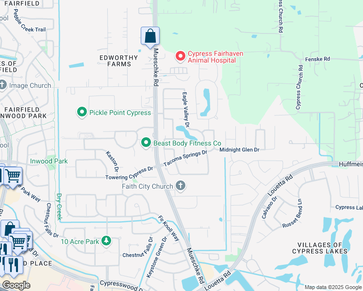 map of restaurants, bars, coffee shops, grocery stores, and more near 15403 Macy Drive in Cypress