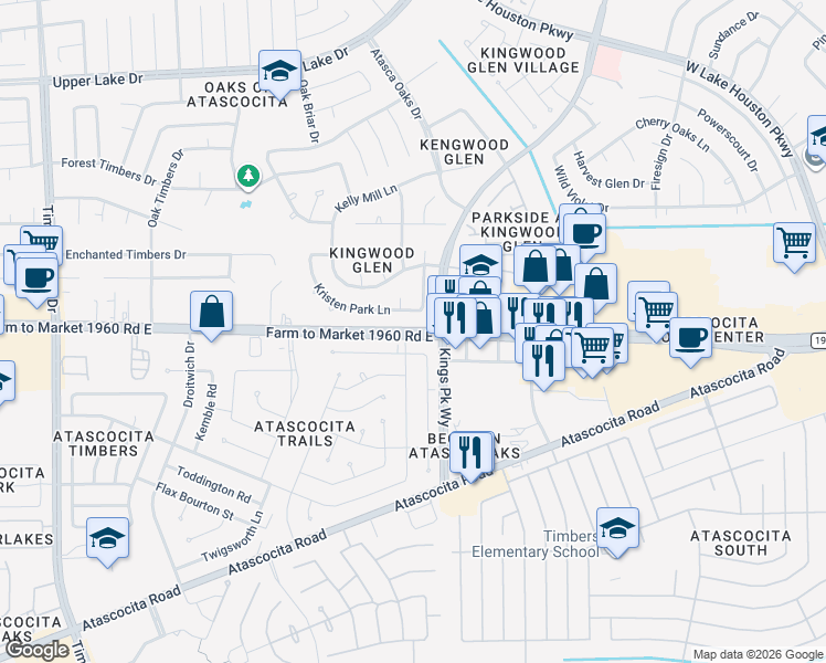 map of restaurants, bars, coffee shops, grocery stores, and more near 6030 Farm to Market 1960 in Atascocita