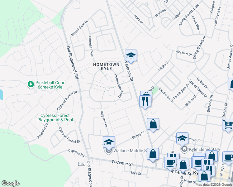 map of restaurants, bars, coffee shops, grocery stores, and more near 148 Raintree Drive in Kyle