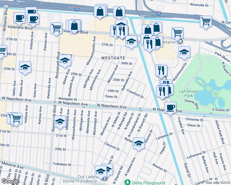 map of restaurants, bars, coffee shops, grocery stores, and more near 8712 24th Street in Metairie
