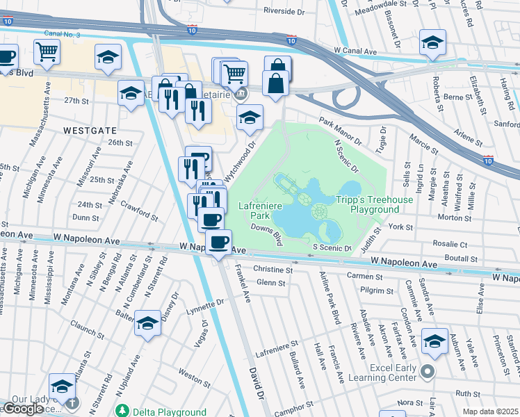 map of restaurants, bars, coffee shops, grocery stores, and more near 3000 Downs Boulevard in Metairie