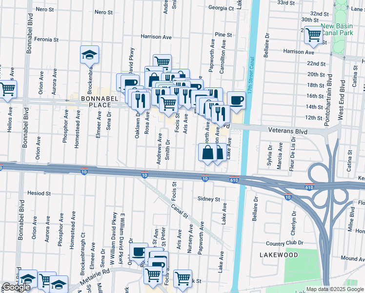 map of restaurants, bars, coffee shops, grocery stores, and more near 600 Aris Avenue in Metairie
