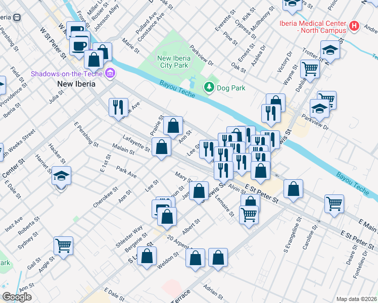 map of restaurants, bars, coffee shops, grocery stores, and more near 726 Charles Street in New Iberia