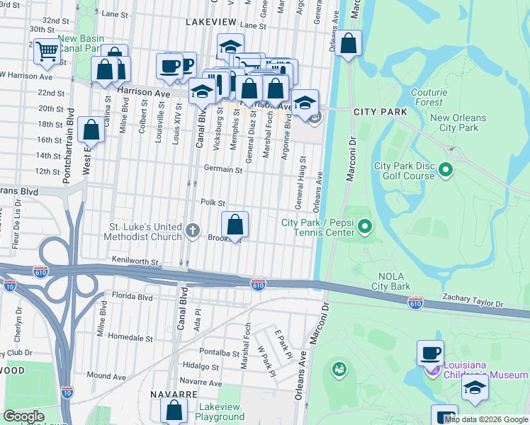 map of restaurants, bars, coffee shops, grocery stores, and more near 5971 Argonne Boulevard in New Orleans