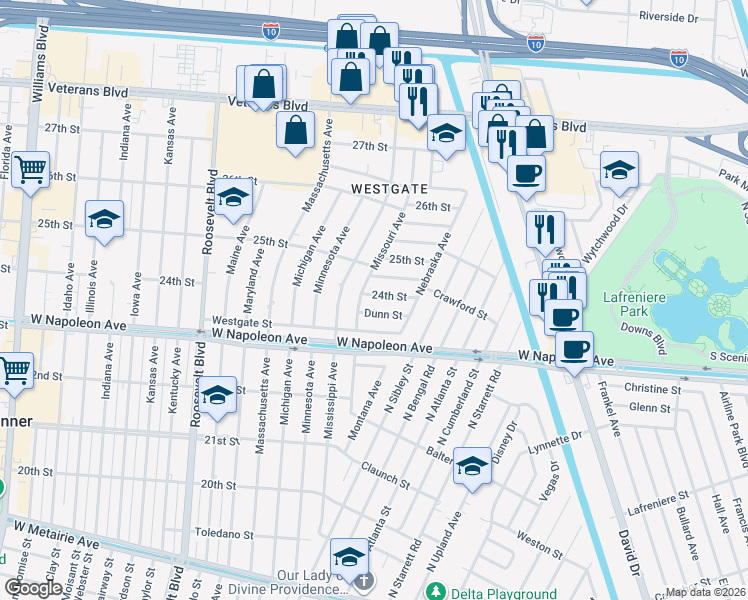 map of restaurants, bars, coffee shops, grocery stores, and more near 8740 24th Street in Metairie