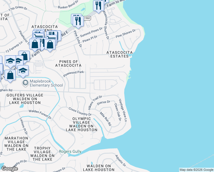 map of restaurants, bars, coffee shops, grocery stores, and more near 19306 Dockside Hill Lane in Humble