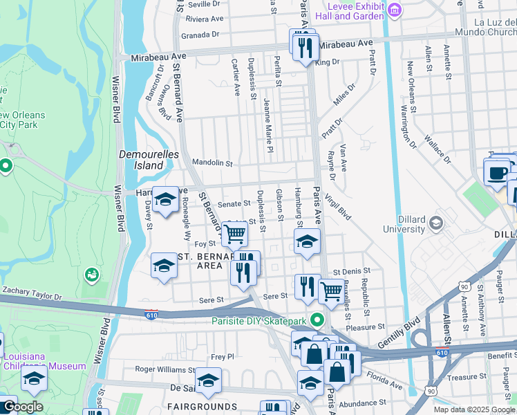 map of restaurants, bars, coffee shops, grocery stores, and more near 4060 Duplessis Street in New Orleans