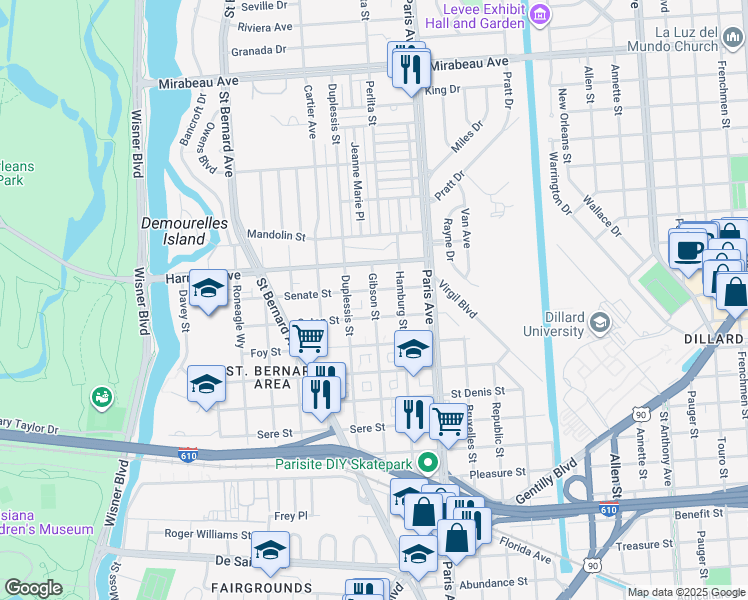 map of restaurants, bars, coffee shops, grocery stores, and more near 4060 Gibson Street in New Orleans