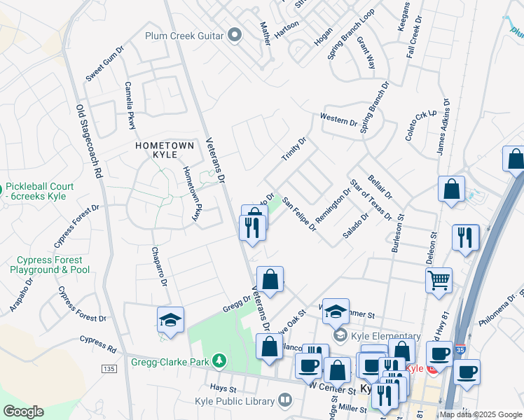 map of restaurants, bars, coffee shops, grocery stores, and more near 101 Colt Loop in Kyle