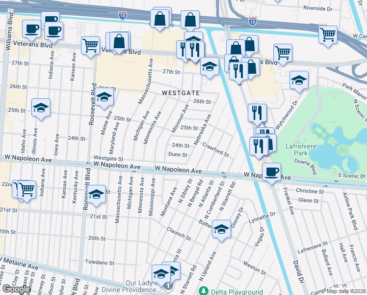 map of restaurants, bars, coffee shops, grocery stores, and more near 8740 24th Street in Metairie