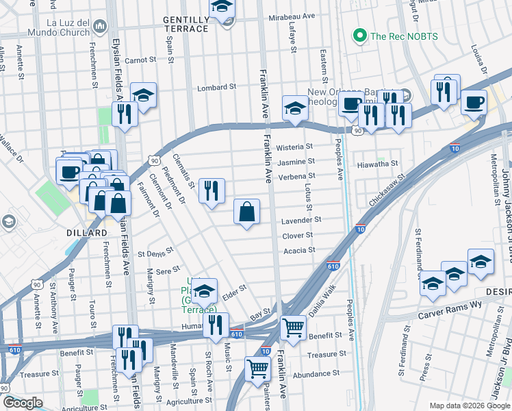 map of restaurants, bars, coffee shops, grocery stores, and more near 2549 Jonquil Street in New Orleans