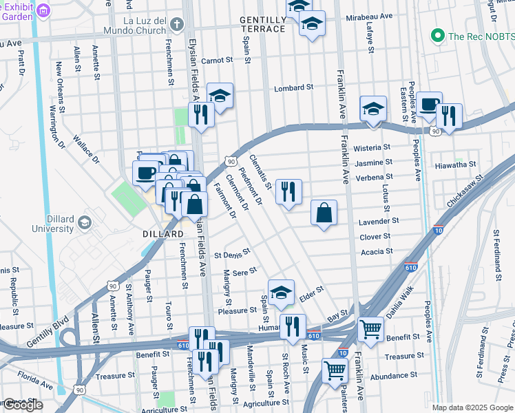 map of restaurants, bars, coffee shops, grocery stores, and more near 4000 Piedmont Drive in New Orleans