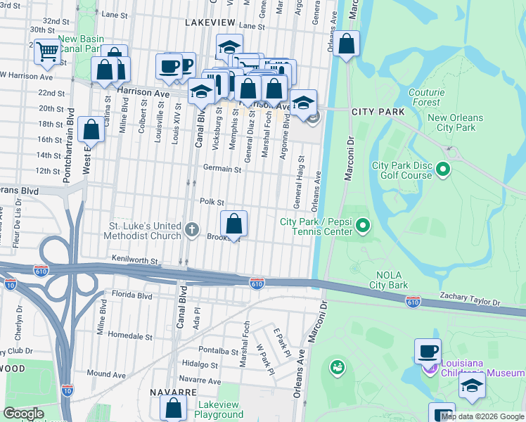 map of restaurants, bars, coffee shops, grocery stores, and more near 5971 Argonne Boulevard in New Orleans