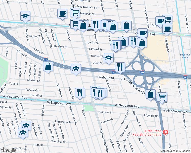 map of restaurants, bars, coffee shops, grocery stores, and more near 4928 Wabash Street in Metairie
