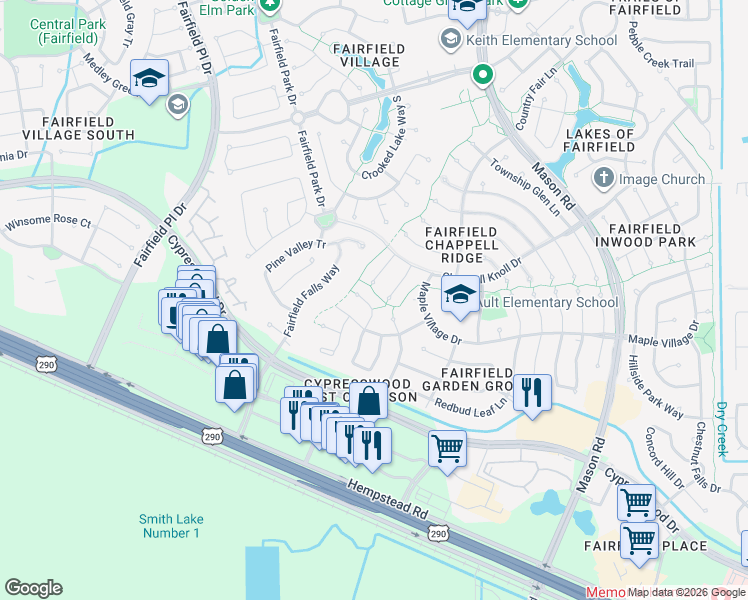 map of restaurants, bars, coffee shops, grocery stores, and more near 15418 Juniper Cove Court in Cypress